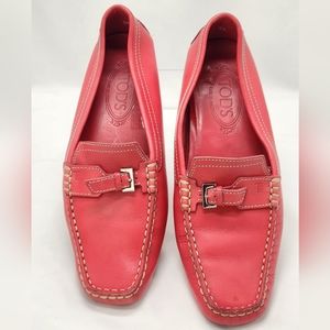 Tods Pink Leather Buckle Detail Slip On Loafers Womens